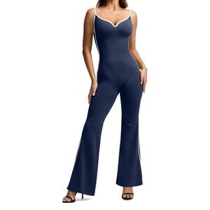 VILANVA Navy and White Strappy Jumpsuit with Slimming Waist & Wide Legs, Size L